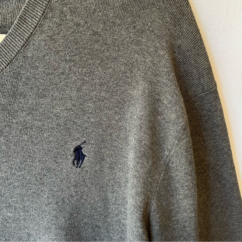 Polo Ralph Lauren jumper Sweater Large Gray V-neck Pima cotton Logo Mens FLAW - Picture 4 of 8